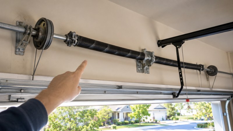 A garage door torsion spring system carries much of the door’s lifting load.